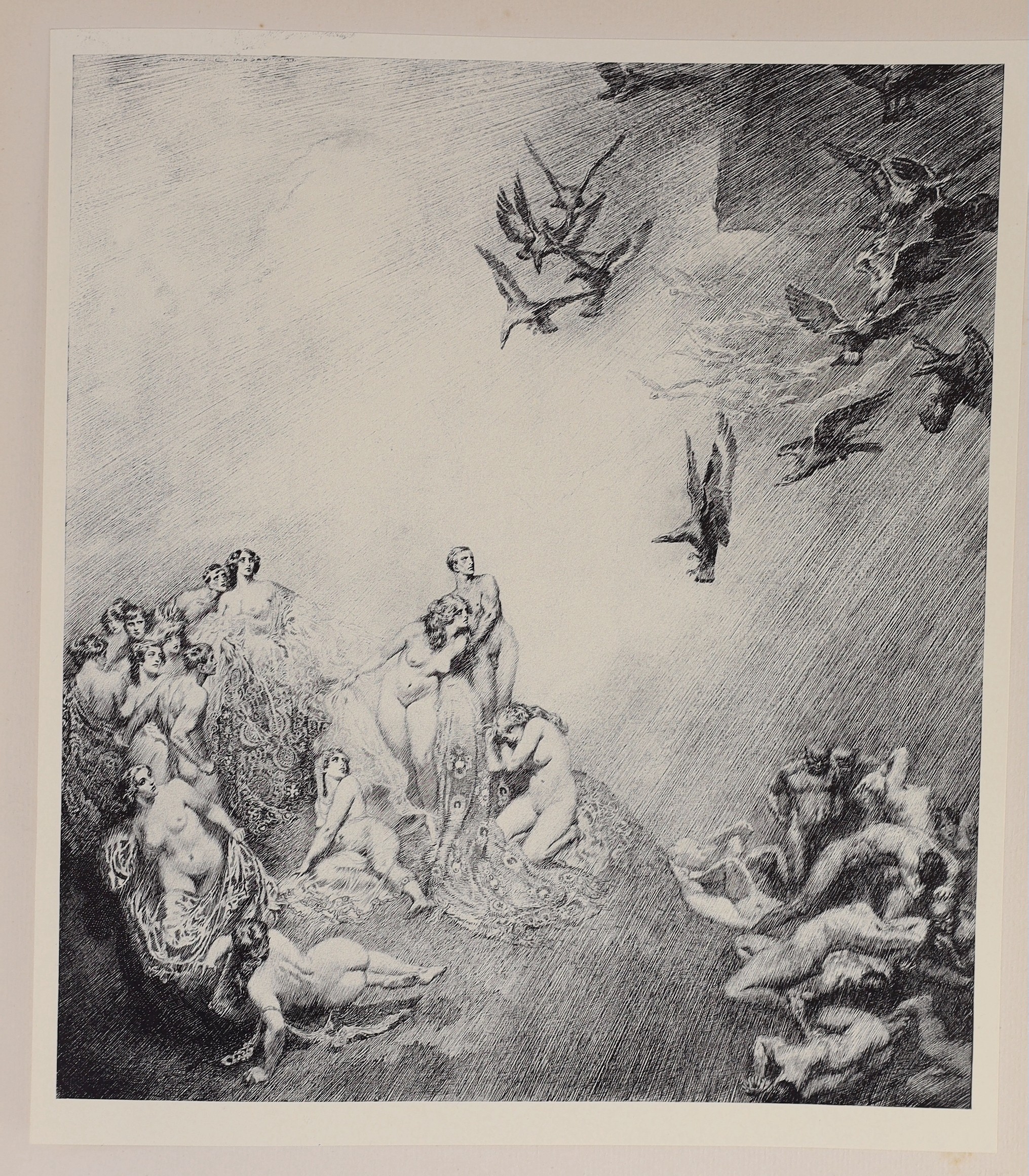 Lindsay, Norman - Pen Drawings. Limited edition of 500 numbered copies, signed by the artist. pictorial title and 24 plates; publisher's art vellum and gilt pictorial grey paper boards with gilt label, folio, Sydney, 192